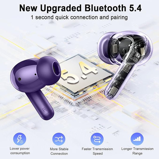 Bluetooth 5.4 Earbuds, 2025 Wireless Headphones Hi-Fi Stereo Ear Buds, 4 ENC Noise Cancelling Mic, 40+Hrs USB-C in-Ear Earphone, IP-X7 Waterproof Sport Workout Gym for Laptop Pad Android iOS