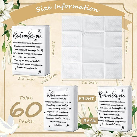 Sinmoe 60 Bulk Funeral Tissues Keepsakes Memorial Facial Pocket Tissues Favors Inspirational Poem 3 Ply Mini Travel Size Tissue Packs Memorial for Guests Relatives Family