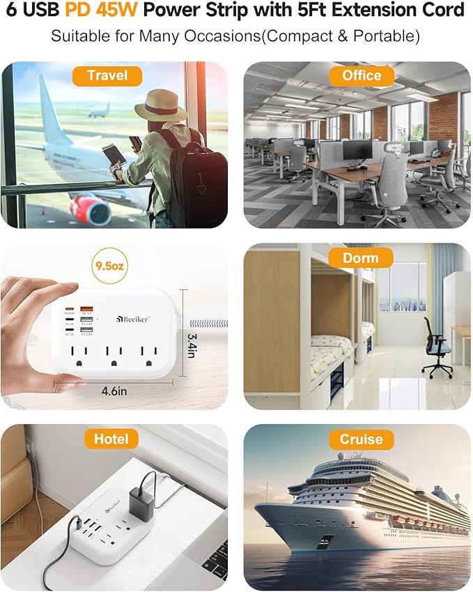 PD45W USB C Travel Power Strip, Cruise Power Strip with 6 USB(3 USB C) Ports and 3 Outlets, 5Ft Flat Plug Braided Extension Cord, 45W Fast Charging Station for MacBook Laptops iPad Pro iPhone Samsung