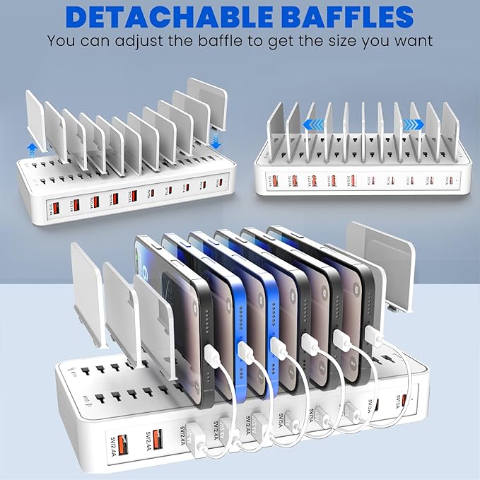 Charging Station for Multiple Devices, 100W 10 Ports Flat Plug Charging Dock with 10 Cables Smart IC Tech and Adjustable Dividers Type-C,Multi USB Charger for iPhone Galaxy iPad Tablet,White