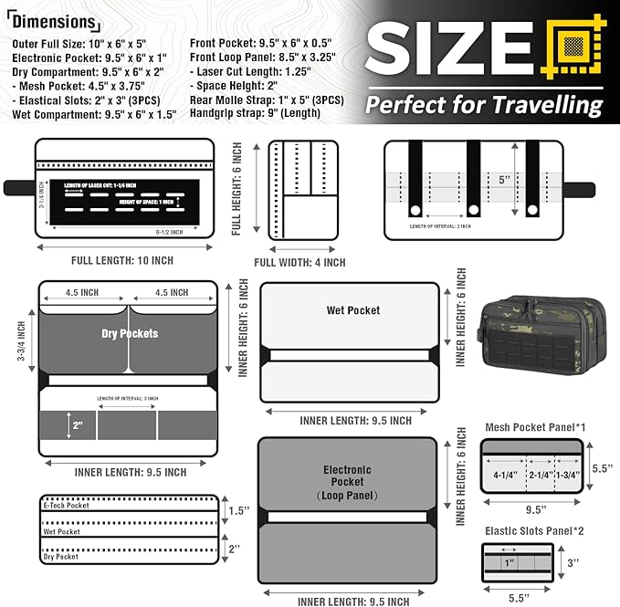 DBTAC Tactical Toiletry Bag w/Electronic Organizer Compartment | Dry/Wet Separate Hygiene Bag, Expanded Travel Dopp Kit Shaving Kit Travel shower Bag for Men (Black Camo)