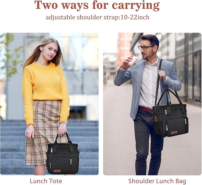 LOKASS Lunch Box for Women, 16L, Double Deck Expandable Insulated Lunch box For Adults/Women Thermal Large Waterproof Leakproof Cooler Bag with Shoulder Strap - Black