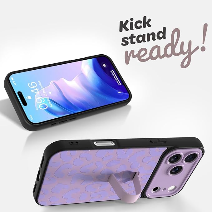 Compatible with iPhone 17 Pro Case with Finger Hand Strap Kickstand, Trendy Cool Leopard Cheetah Print Phone Case for Women Men, Full Camera Protection Shockproof Protective Cover, Purple