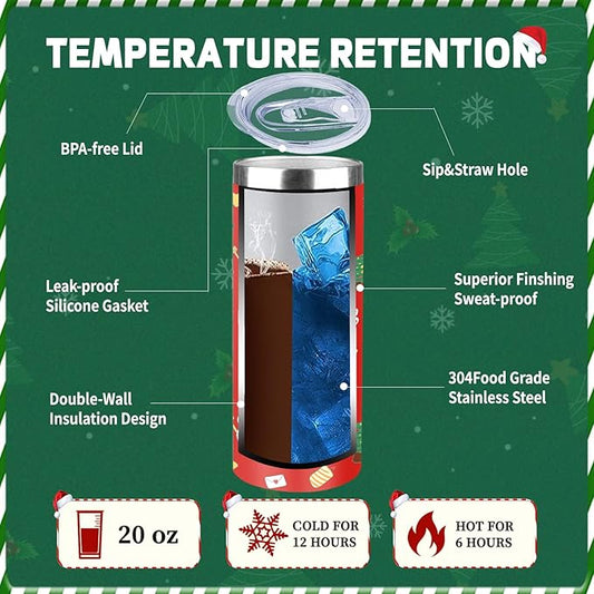 20oz Christmas Skinny Tumbler with Lid and Straw,Stainless Steel Vacuum Insulated Tumbler Cup Double Wall Travel Coffee Mug Christmas Gifts for Women Men(Xmas Elements,2)