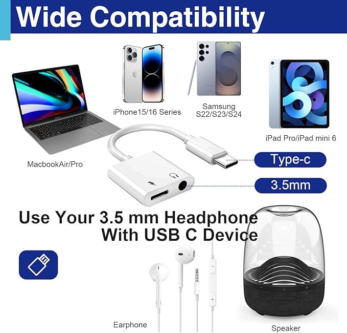 USB C to 3.5 Mm Headphone Jack Adapter for iPhone, Aux Adapter Converter Dongle Audio Cable Compatible with Ipad MacBook iPhone 16/15 Full Model and Samsung Galaxy After S8 Series