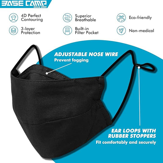 BASE CAMP Reusable Cloth Dust Face Masks 100% Cotton Washable Adjustable Breathable Fabric Mask with Filter Pocket