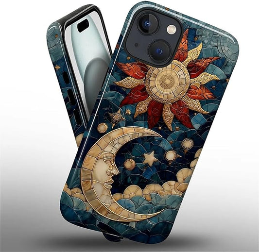 Case for iPhone 15 Case,Sun Moon Stars Faux Stained Glass Design - Hybrid Dual Protection Silicone + Hard PC Shockproof Full Body Cover Slim Anti-Scratch Protective Case for Men Women
