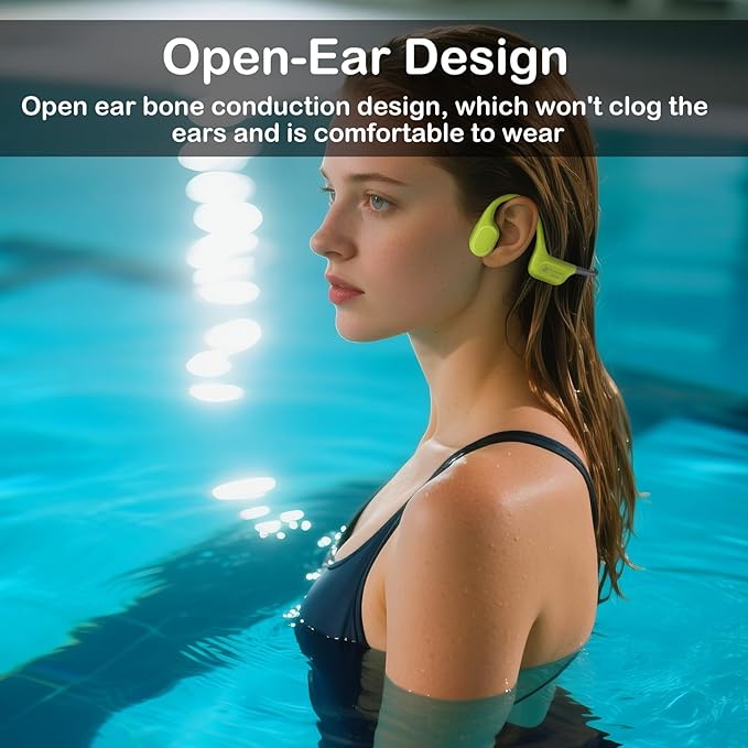 Bone Conduction Swimming Headphones, IP68 Waterproof Earbuds with 32GB MP3, Bluetooth 5.4 Open Ear Sport Earphones, Underwater Headphones for Swimming, Running, Cycling, Marathon-SurfAudio(Glow green)