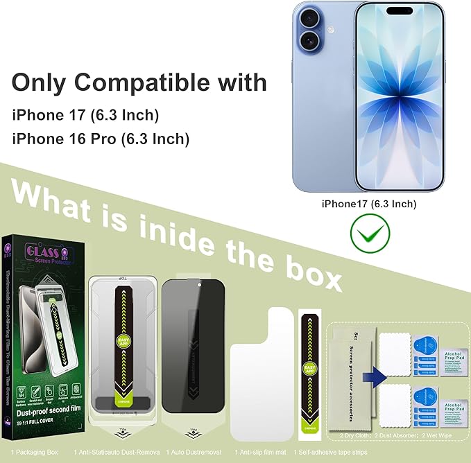 2 Pack Anti-Spy Privacy Screen Protector for iPhone 17/16 Pro (6.3-Inch),9H Tempered Glass,Full Coverage,Anti-Fingerprint,Auto Dust Removal,Bubble-Free,Easy Installation