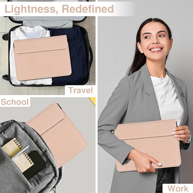 Allinside 13-14 Inch Laptop Sleeve Case for MacBook Pro 14" 2021-2024/MacBook Air 13" 2010-2017/MacBook Pro 13" 2010-2015, Waterproof PU Leather Sleeve Cover with Stand & Accessory Pouch, Pale Pink