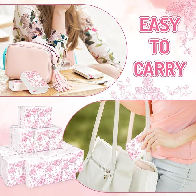 50 Bulk Pink Floral Tissue Packs Vintage Flower Mini Travel Size Facial Tissues Chinoiserie Flower Portable Pocket Tissue for Wedding Party Supplies