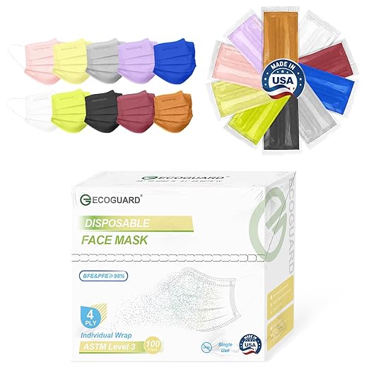 Disposable Face Masks Made in USA, 4 Ply for Families, Students, Breathable All-Day Wear & Safety, FSA HSA Eligible, ASTM Level 3 Medical Grade, 100 Pack Individual Wrap, Midnight Pastel