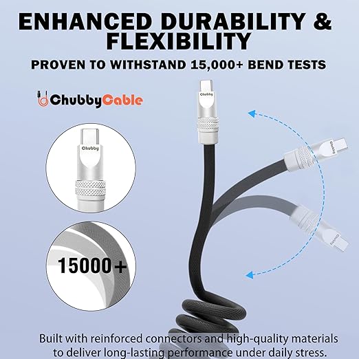 chubbycable Curly Chubby Retractable Fast Charging Cable 120W Coiled Charger Cord for Car Durable USB C Cable Compatible with iPhone 16/15 Series, Orange, USB-A to Type-C, 1.3FT-2.3FT