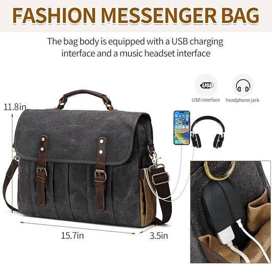 Messenger Bag for Men 15.6 Inch Vintage Canvas Genuine Leather Briefcase for Men Laptop Bag Satchel Shoulder Bag