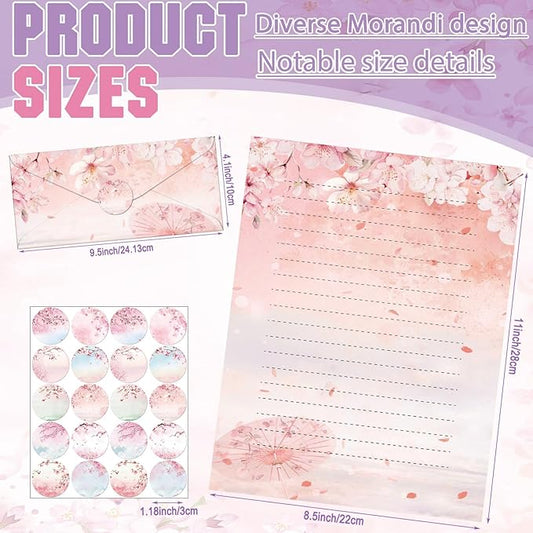 TaoBary 160 Pcs Stationery Paper Set 50 Double Sided Stationery Papers with 50 Matching Envelopes and 60 Round Dot Sticker, 10 Design(Cherry Blossom,8.5 x 11 Inch)