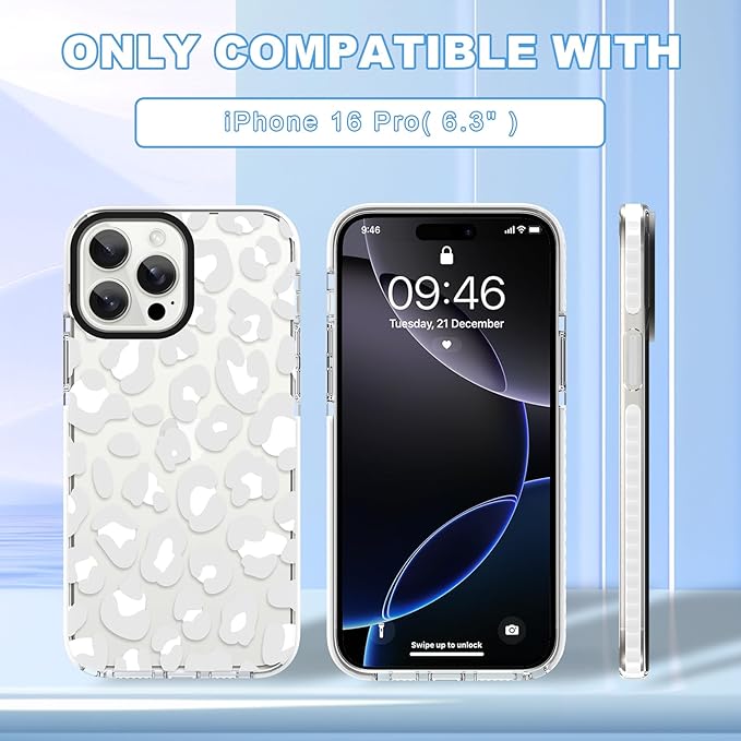 ZIYE Clear Case for iPhone 16 Pro Phone Case White Leopard Design Shockproof Soft TPU Bumper Protective for Women Girls Girly Cute Cover