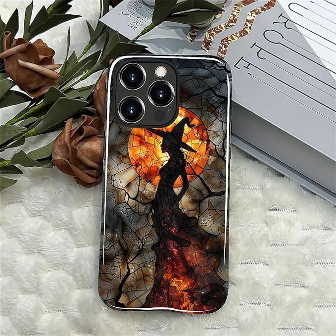 Case for iPhone 12 Pro Max Case,Halloween Witch Moon Stained Glass Design Hybrid Dual Protection Silicone + Hard PC Shockproof Full Body Cover,Slim Anti-Scratch Protective for Men Women