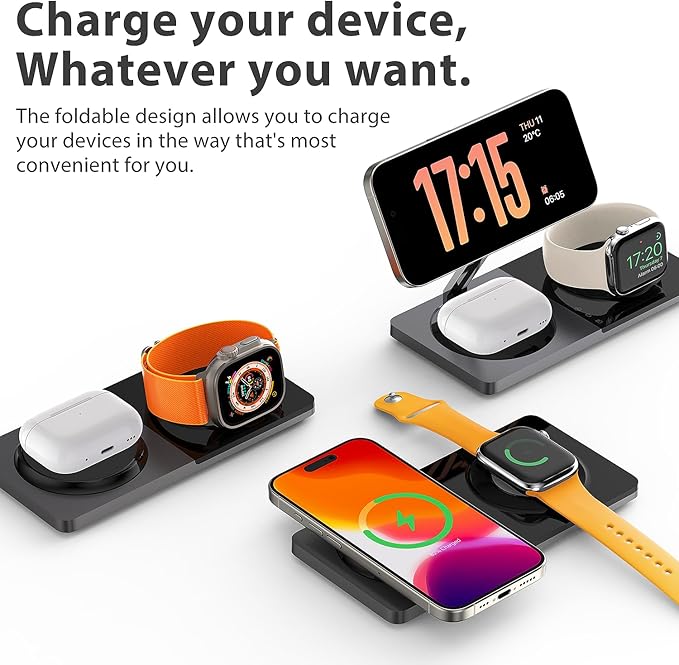 3 in 1 Charging Station for Apple Devices: Mag-Safe Charger Stand Fast Charging, Wireless Charger for iPhone 16/15/14/13/12 Series, Apple Watch Series 1-9/Ultra, AirPods Pro,30W USB Charger (Black)