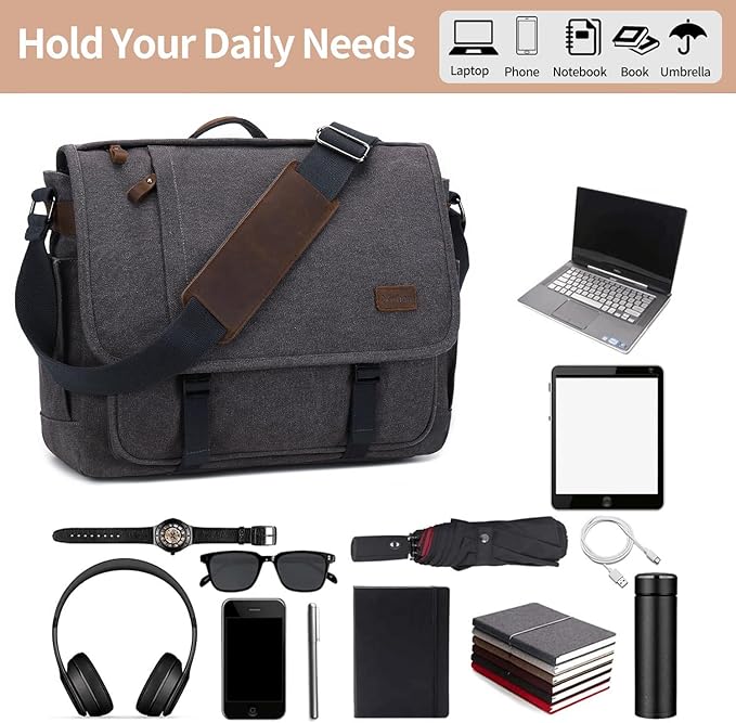 Nerlion Messenger Bag for Men 17-17.3 Inch Laptop Bag Canvas Water-resistant Computer Bag Shoulder Bag Work Briefcase Bookbag for College (Gray)