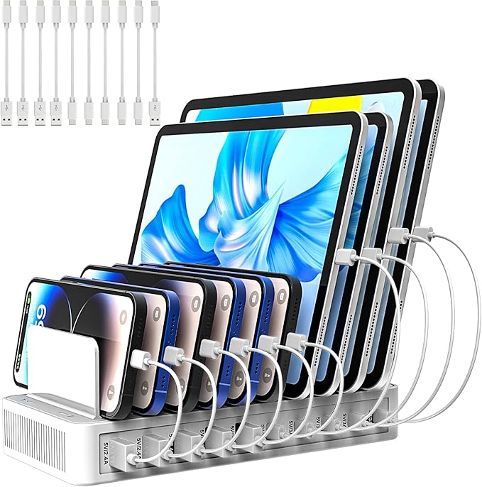 Charging Station for Multiple Devices, 100W 10 Ports Flat Plug Charging Dock with 10 Cables Smart IC Tech and Adjustable Dividers Type-C,Multi USB Charger for iPhone Galaxy iPad Tablet,White
