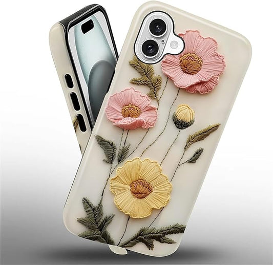 Case for iPhone 16 Plus Case,Faux Embroidery Boho Floral Design - Hybrid Dual Protection Silicone + Hard PC Shockproof Full Body Cover Slim Anti-Scratch Protective Case for Men Women