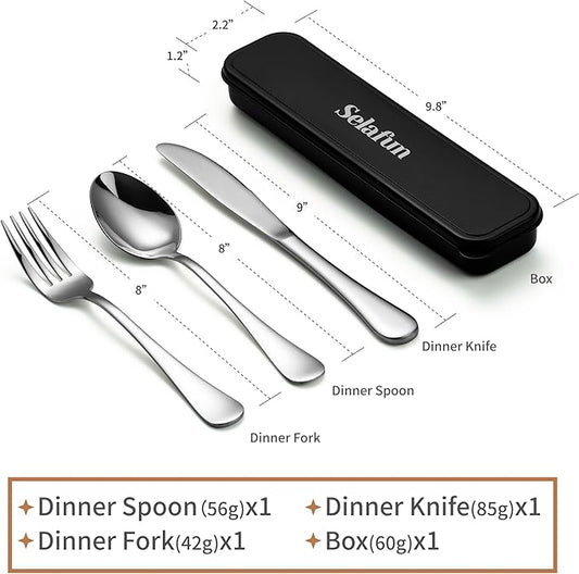 4-Piece Travel Set with Case - Portable Silverware Utensils - Stainless Steel Reusable Flatware - Cutlery Set for Camping, Picnic, Hiking, Office - Dishwasher Safe