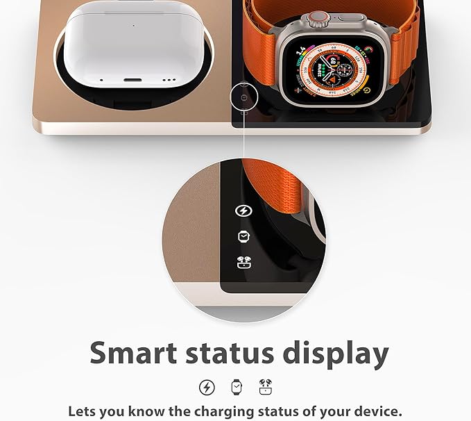3 in 1 Charging Station for Apple Devices: Mag-Safe Charger Stand Fast Charging, Wireless Charger for iPhone 16/15/14/13/12 Series, Apple Watch Series 1-9/Ultra, AirPods Pro,30W USB Charger (Golden)