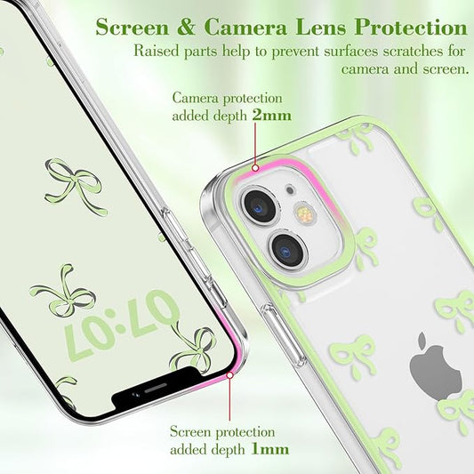 EYZUTAK Case for iPhone 11, Clear Cute Ribbon Bowknot Pattern Aesthetic Transparent Phone Case Raised Camera Protection Stylish Slim Soft Durable TPU Protective Cover for Women Girls - Green