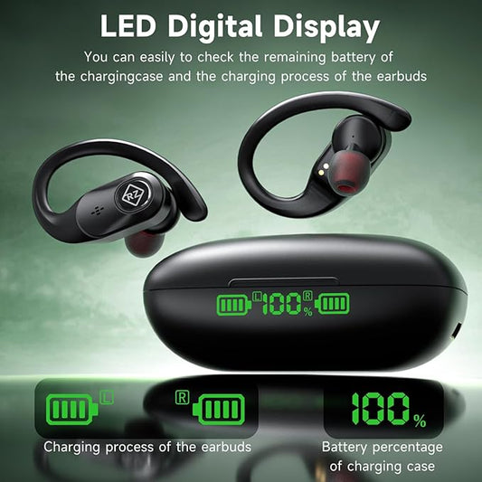 Wireless Earbuds Bluetooth Headphones 96H Playtime LED Display Waterproof Built in Mic Deep Bass Sound Secure Over Ear Buds Ear Hooks for Phone Android Samsung Cell Phones Gym Running Workout Fitness