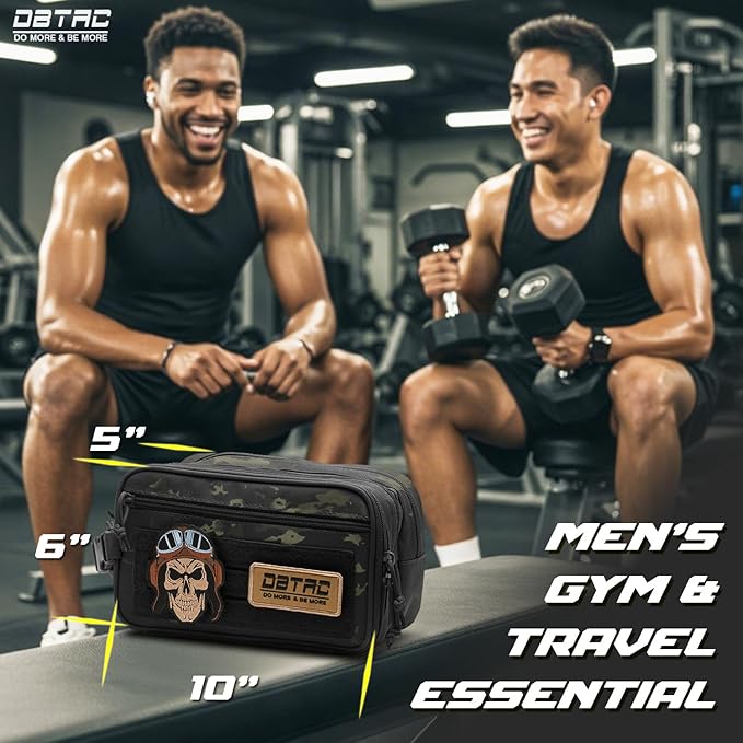 DBTAC Tactical Toiletry Bag w/Electronic Organizer Compartment | Dry/Wet Separate Hygiene Bag, Expanded Travel Dopp Kit Shaving Kit Travel shower Bag for Men (Black Camo)
