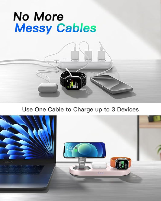 Upgraded 3 in 1 Wireless Charging Station for Apple Devices, Faster Mag-Safe Charger Stand, Magnetic Charger Station for iPhone 16/15/14/13/12 Series & AirPods Pro & Apple Watch Series (Pink)