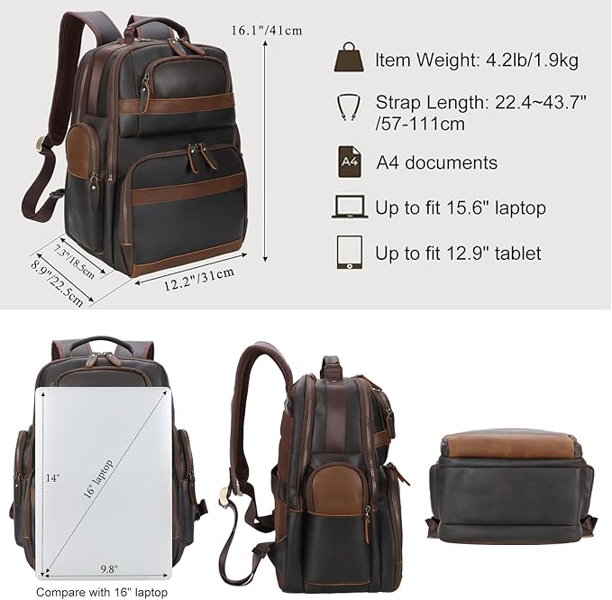 TIDING Men's Vintage Leather Backpack 15.6" Laptop Bag Large Capacity Business Travel Hiking Shoulder Daypacks