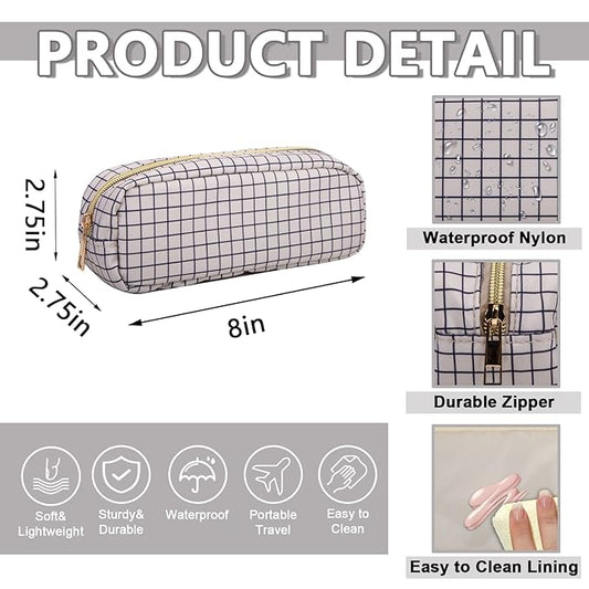 Small Pencil Case Makeup Bag for Purse, Cute Pencil Pouch Nylon Preppy Checkered Makeup Brush Bag with Zipper, Girls Portable Stationery Storage Case Small Pen Bag for Office School(Slim-Checkered)