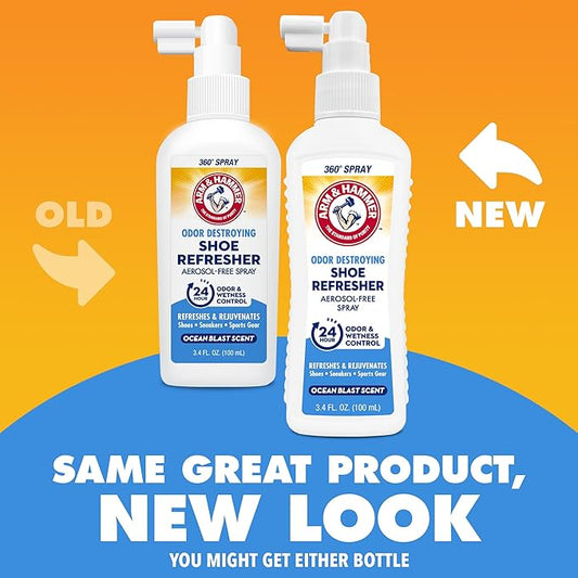 Arm & Hammer Shoe Refresher Spray, Odor Eliminator for Sneakers, 24 Odor & Wetness Control, Aerosol-Free Shoe Deodorizer Spray, Ocean Blast Scent, 3.4 oz