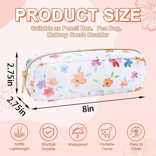 Waterproof Small Floral Pencil Case Makeup Bag for Purse,Cute Flower Pencil Pouch Preppy Nylon Makeup Brush Holder with Zipper,Girls Portable Storage Case Pen Bag for Work(Slim Colorful-Flowers)