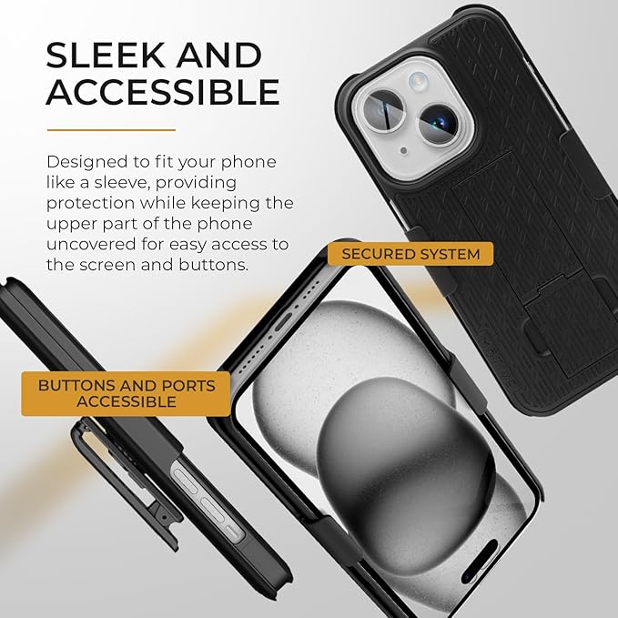 MOTIVE for iPhone 15 Plus Case with Belt Clip, Shell Holster Combo for Apple iPhone 15 Plus Holster, Slim Rugged Case, Drop Shockproof Protective Cover & Kickstand, 6.7 inch | Black