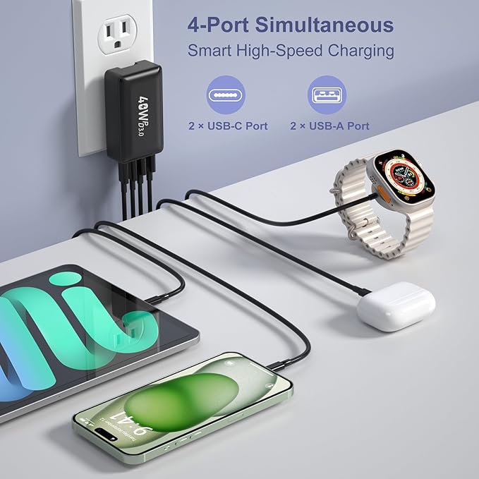 Flat USB C Charger Block, OKRAY 3-Pack 40W 4-Port QC&PD3.0 Fast Charging Brick with Foldable Wall Plug Slim Type C Android Charger Multiport Power Adapter for iPhone 16 15 14 13, Galaxy S25, Pixel 9 8