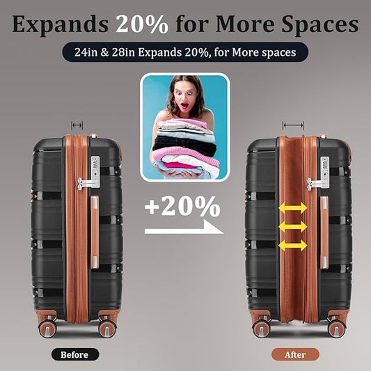 4-Piece Expandable Hardshell Luggage Set with TSA Lock (14/20/24/28) - Lightweight PP Suitcases, 360° Silent Spinner Wheels and Durable 100LB Handle for Air Travel (Black)