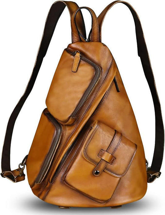 Genuine Leather Large Sling Bag for Men and Women Large Sling Backpack Purse Shoulder Crossbody Chest Bag for Ipad (Brown)