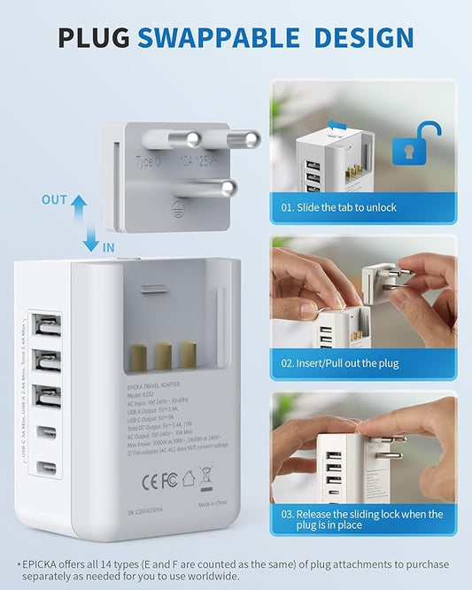 EPICKA US to Thailand Travel Adapter, Universal Plug Adapter with 2 US Outlets, 3 USB-A & 2 USB-C Ports, Ultra Compact Swap&Adapt Type O Plug Attachment for Thailand (X232O)