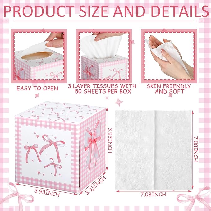 12 Pack Pink Bow Facial Tissues Cube Boxes 600 Sheets 3 Ply Small Square Face Tissues Bulk for Bow Coquette Birthday Bridal Bachelorette Wedding Party Supplies