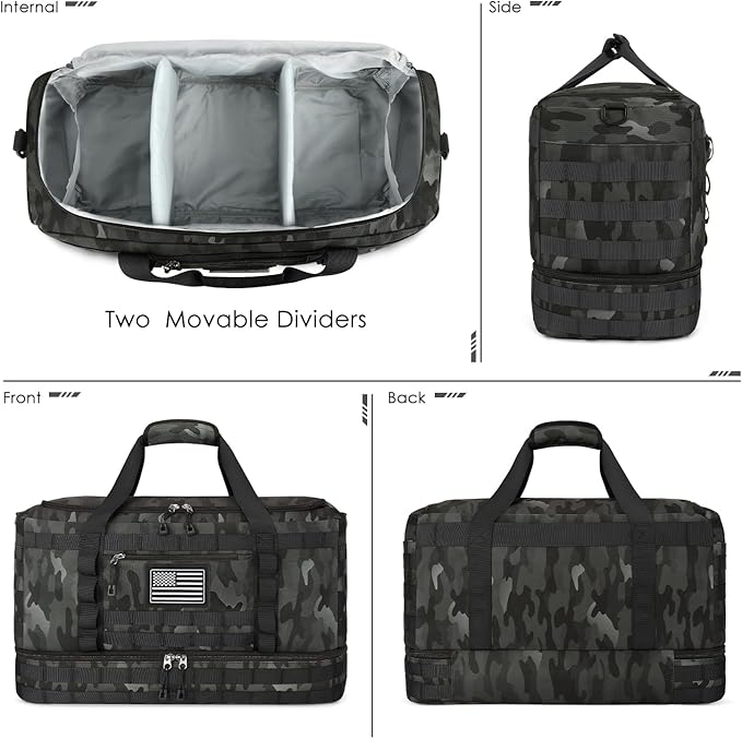 ETRONIK Travel Bag for Men Women, Gym Bag & Tactical Duffle Bags for Travel, Carry on with Toiletry Bag and Shoe Compartment, Weekender Overnight Trip with Wet Pocket for Workout Medical, Black Camo