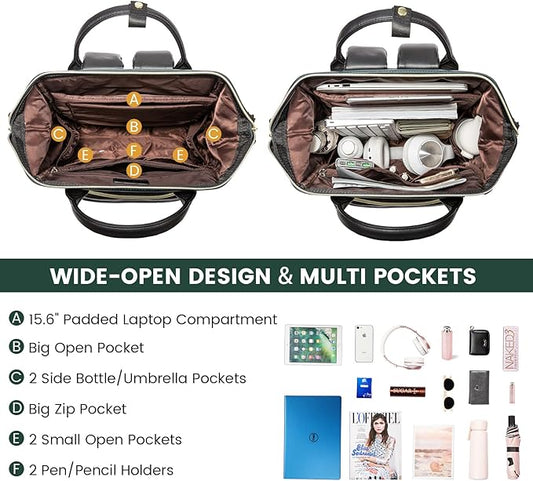 LOVEVOOK Leather Backpacks for Women,15.6 inch Leather Laptop Backpack Women,Professional Work Backpack Nurse College Teacher Bag,Womens Laptop Computer Travel Backpacks Purse,Dark Blue-green-Black