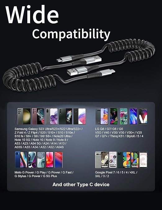 Coiled USB C Cable 2 Pack, 3ft USB to USB-C Cable for Car, Android Auto Coiled USBC CarPlay Cord, 3A Retractable USB C Cord Fast Charging for iPhone 16 15 Pro Max, Samsung Galaxy S24 S23 S22 S21