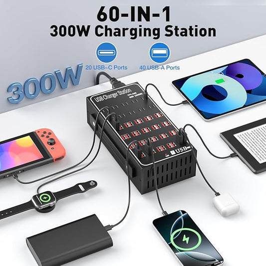 Multiple USB Charging Station 60 Port (40 USB A & 20 USB~C Port), MIXILIN 300W(60A) Fast Charger Station with Power Switch, Desktop USB~C Charger Block Compatible with Phone iPad Kindle Tablet