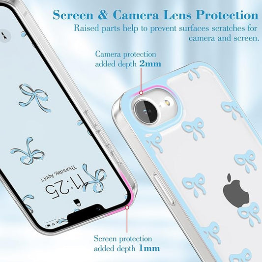 EYZUTAK Case for iPhone 16e, Clear Cute Ribbon Bowknot Pattern Aesthetic Transparent Phone Case Raised Camera Protection Stylish Slim Soft Durable TPU Protective Cover for Women Girls - Blue