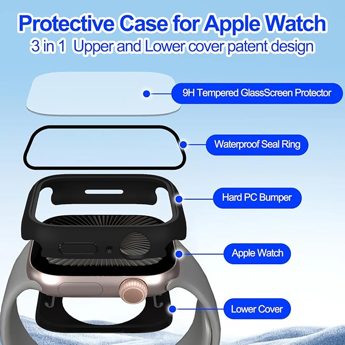 3 in 1 Waterproof Case for Apple Watch Series 11(2025) Series 10 Screen Protector 42mm Accessories Built-in Tempered Glass, 360°Full Protective PC Bumper Face Cover Compatible iWatch 42mm