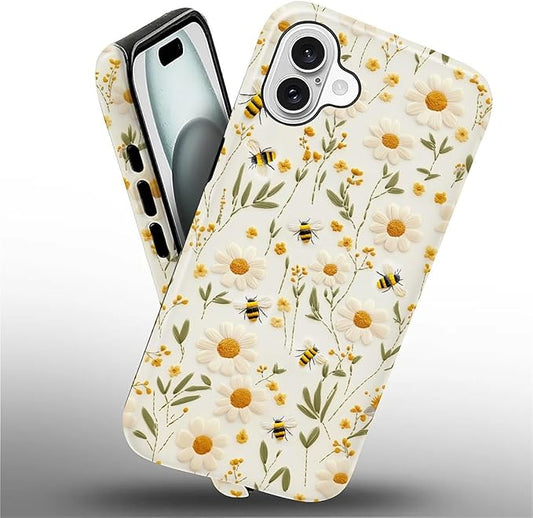 Case for iPhone 16 Case,Bees Sunflowers Design - Hybrid Dual Protection Silicone + Hard PC Shockproof Full Body Cover Slim Anti-Scratch Protective Case for Men Women