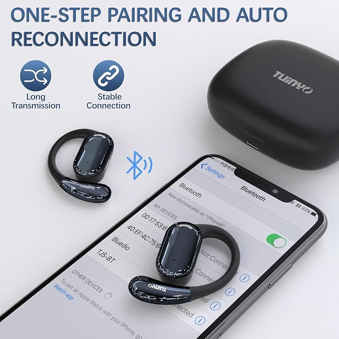 TUINYO True Wireless Ear Hooks, IPX5 Waterproof, Stable One-Step Bluetooth Connection with Long Transmission, 40hrs Longed Standby Time with 10hrs Playtime for Each, Compatible to Different Devices