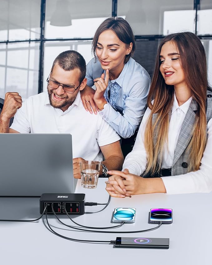 220W USB C Charging Station, 12-Port GaN Charger Hub,65W Laptop Charger Adapter for MacBook Pro/Air iPad Pro iPhone Google Pixelbook ThinkPad Dell XPS Galaxy S23 Steam Deck -Black